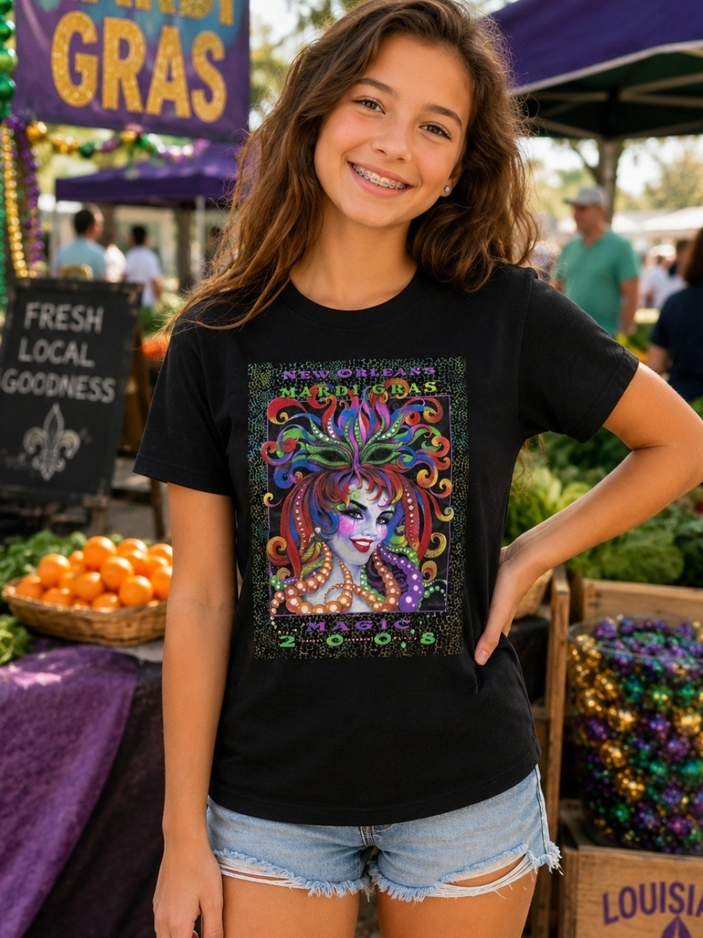 2008 New Orleans Mardi Gras Magic Graphic T-Shirt Black Unisex Size L Colorful